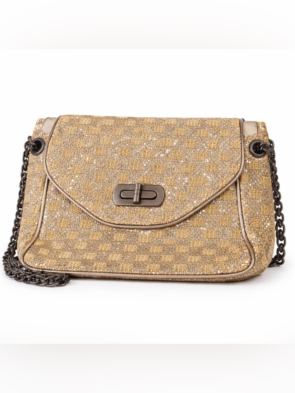 Metallic Gold Woven Shoulder Bag with Chain Strap